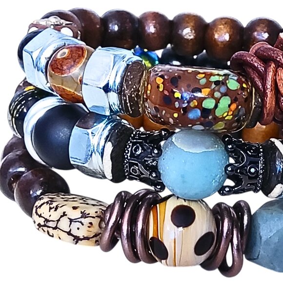 Agate, Bone, Leather & Bone Men's Bracelet Set - Picture 2 of 3